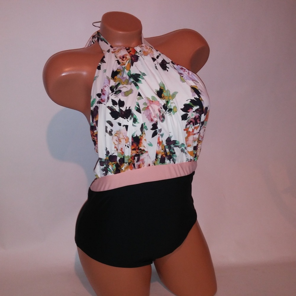 Anthropologie Swim One Piece Large Black Peach Floral Lightly Padded Halter